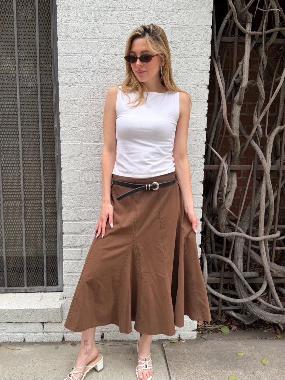 Western Dressbarn brown pleated circle midi skirt with belt Size 12 #boho #y2k